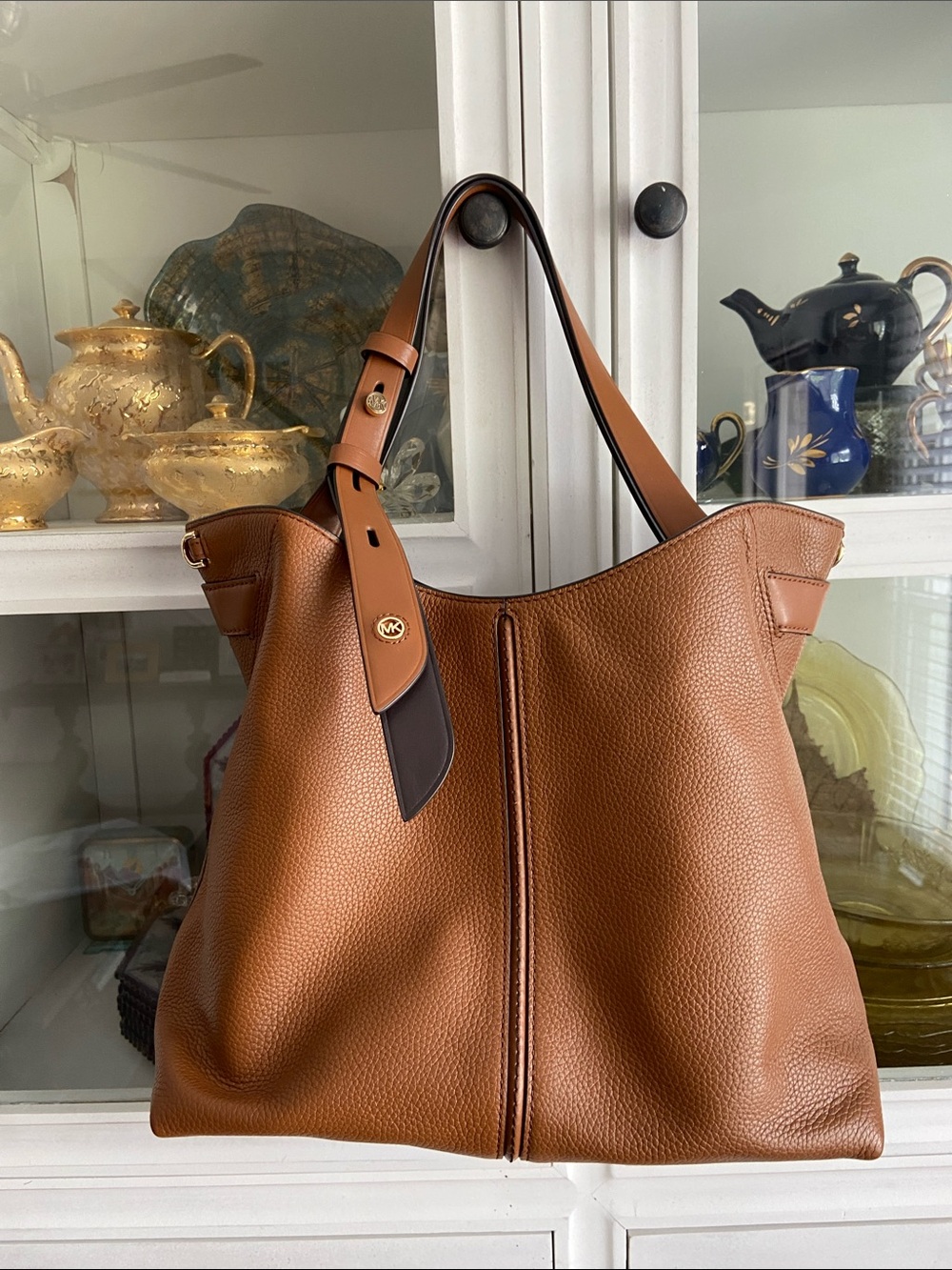 Michael Kors Pebbled Leather Shoulder Tote in Chestnut Brown